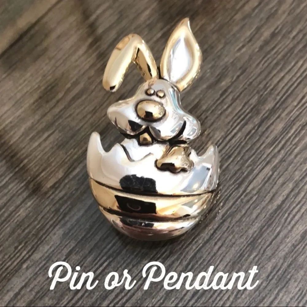 Easter Bunny in an Egg Pin / Pendant Goldtone & Silvertone